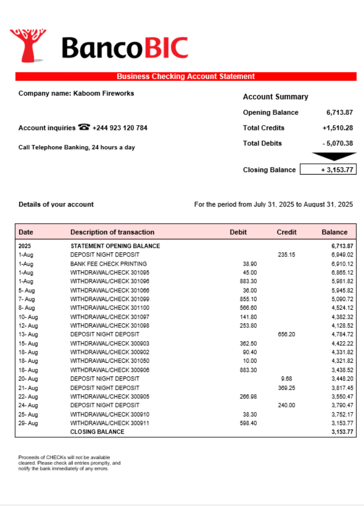 Modèle Word et PDF de relevé de compte professionnel Banco BIC